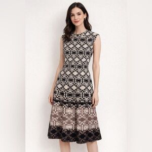 New Danny & Nicole Fit & Flare Printed Midi Dress Neutral Brown Black NWOT